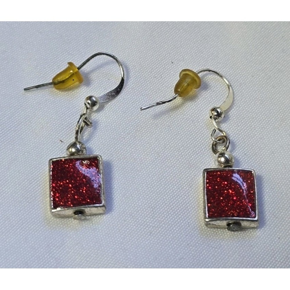 Christmas Dangle Earrings Sparkly Red Square Present